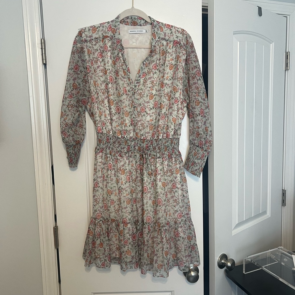Rebecca Minkoff Cream Floral Smocked Mini Dress with Pink & Green Print